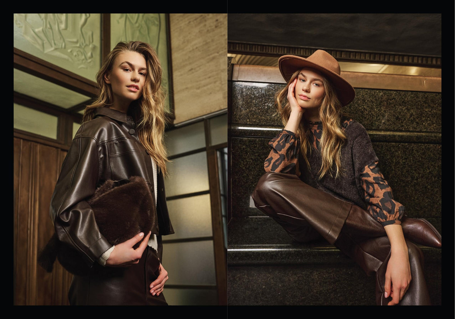 Zwei Looks in Vintage-Ambiente: braune Lederlook-Jacke sowie Hut mit gemusterter Bluse – Rino & Pelle Herbst/Winter 2026
