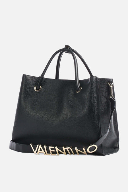 Schwarze Valentino Handtasche aus genarbtem Leder mit goldfarbenem Logo-Detail – exklusive Designertaschen Wien